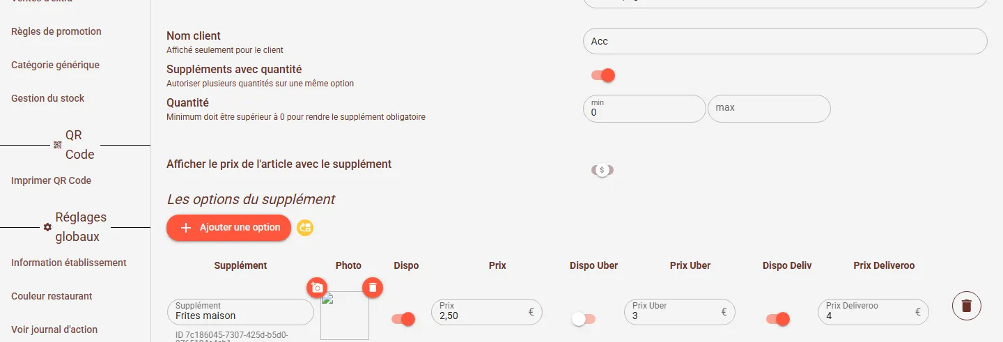 Onglet Suppléments avec le bouton Ajouter un supplément et un exemple de supplément déjà configuré