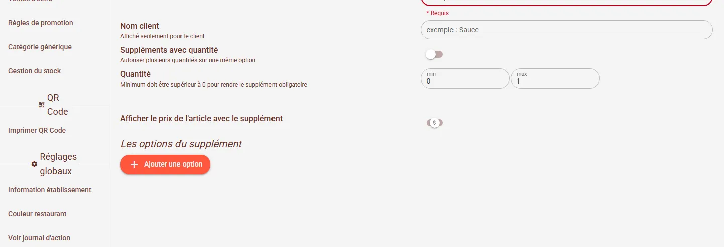 Formulaire de paramétrage d'un supplément : nom, quantité, options d'affichage
