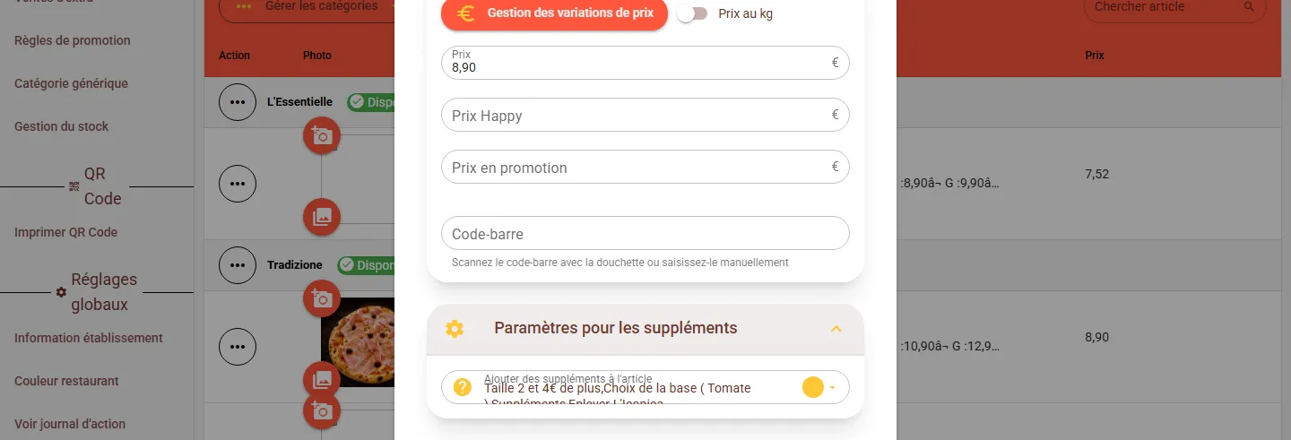 Section Paramètres pour les suppléments dans le formulaire d'un article