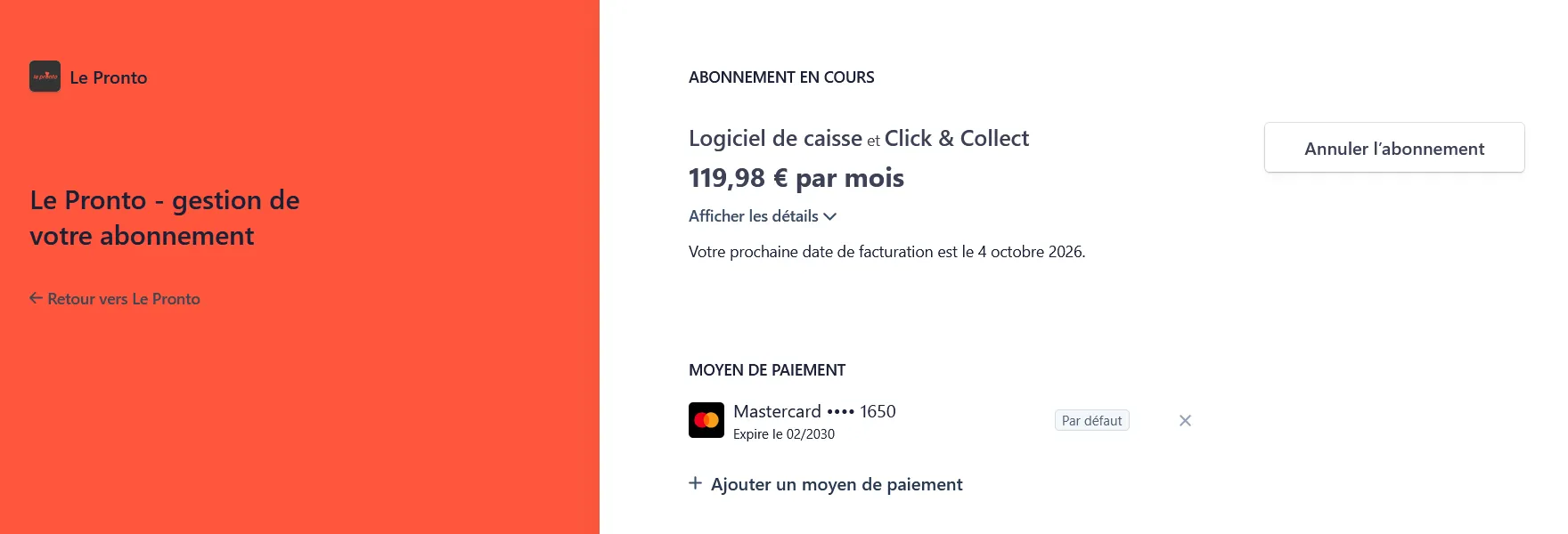 Page de gestion de l'abonnement : section Abonnement en cours avec le bouton Annuler l'abonnement, et section Moyen de paiement avec la carte enregistrée Page de gestion de l'abonnement : section Abonnement en cours avec le bouton Annuler l'abonnement, et section Moyen de paiement avec la carte enregistrée