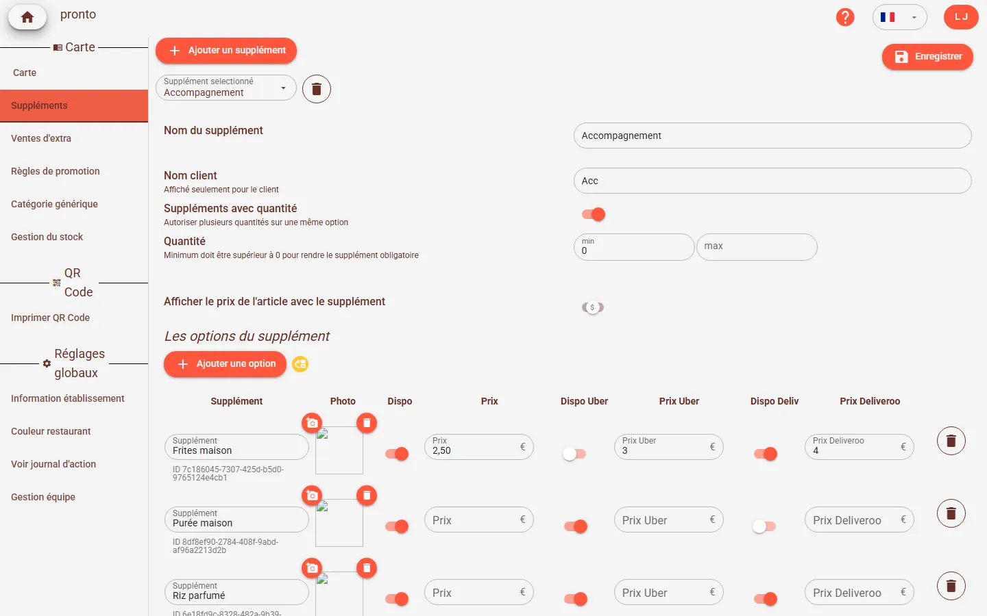 Onglet Suppléments avec le bouton Ajouter un supplément et un exemple de supplément déjà configuré