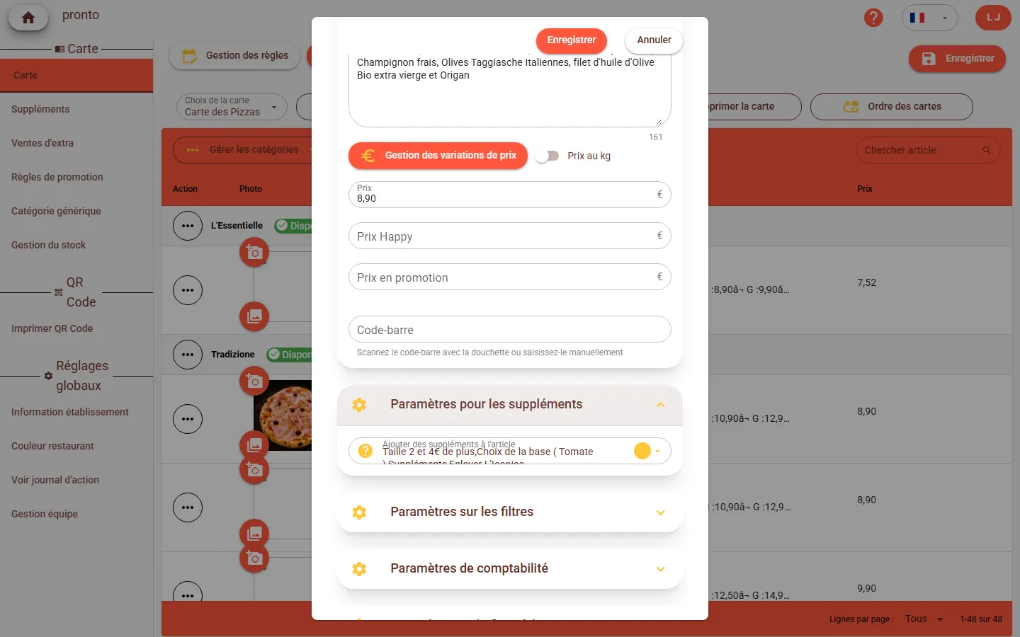 Section Paramètres pour les suppléments dans le formulaire d'un article