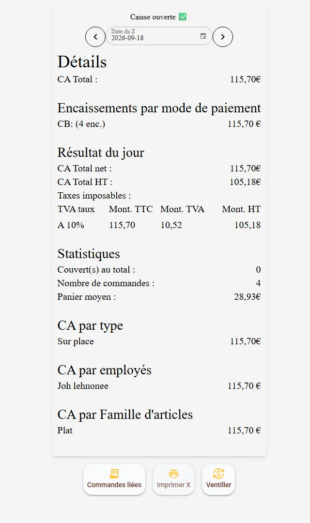 Z du jour avec le CA, les encaissements, la TVA et les statistiques Z du jour avec le CA, les encaissements, la TVA et les statistiques