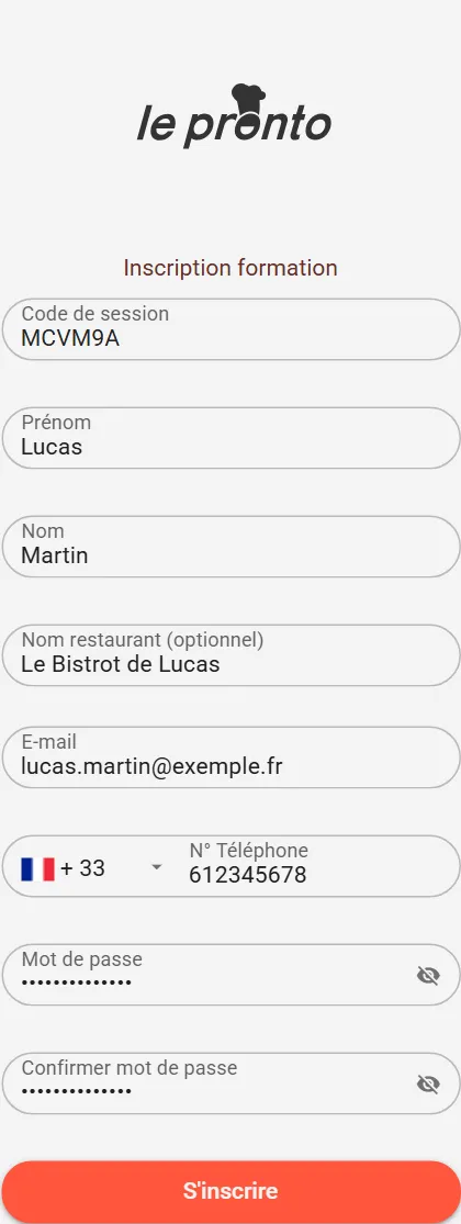 Formulaire d'inscription d'un élève avec le code de session pré-rempli