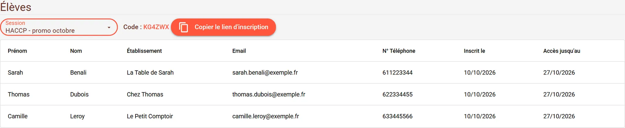 Liste des élèves inscrits à une session