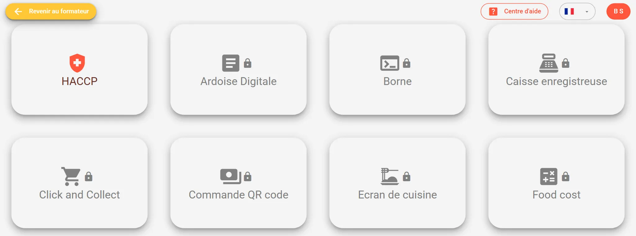 Compte d'un élève ouvert par le formateur, avec le bouton Revenir au formateur et seul le module HACCP accessible