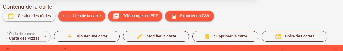 Barre d'outils de la carte avec les boutons Choix de la carte, Ajouter une carte, Modifier la carte, Supprimer la carte et Ordre des cartes Barre d'outils de la carte avec les boutons Choix de la carte, Ajouter une carte, Modifier la carte, Supprimer la carte et Ordre des cartes