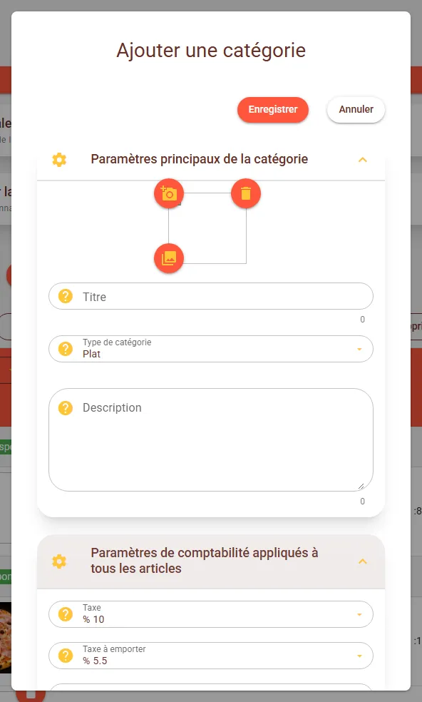 Section Paramètres de comptabilité d'une catégorie avec les champs Taxe et Taxe à emporter Section Paramètres de comptabilité d'une catégorie avec les champs Taxe et Taxe à emporter