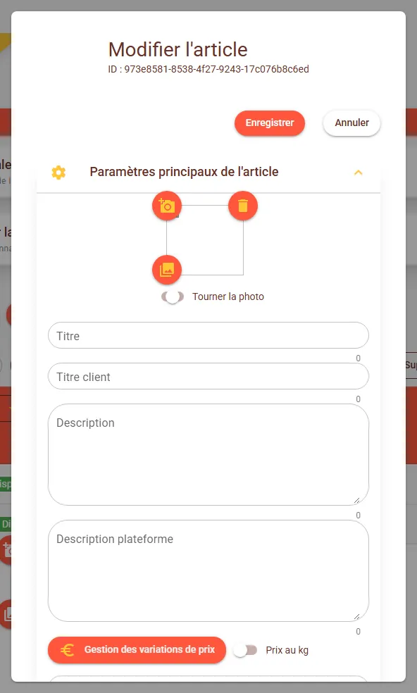 Fenêtre Modifier l'article avec les champs Titre, Titre client, Description Fenêtre Modifier l'article avec les champs Titre, Titre client, Description