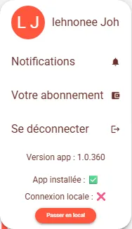 Menu du compte : connexion locale inactive, avec le bouton Passer en local