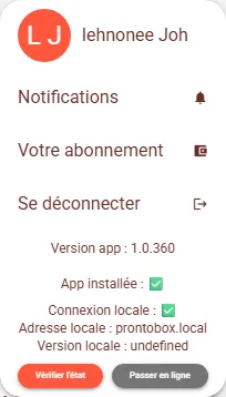 Menu du compte : connexion locale active, avec l'adresse locale, la version locale et le bouton Vérifier l'état