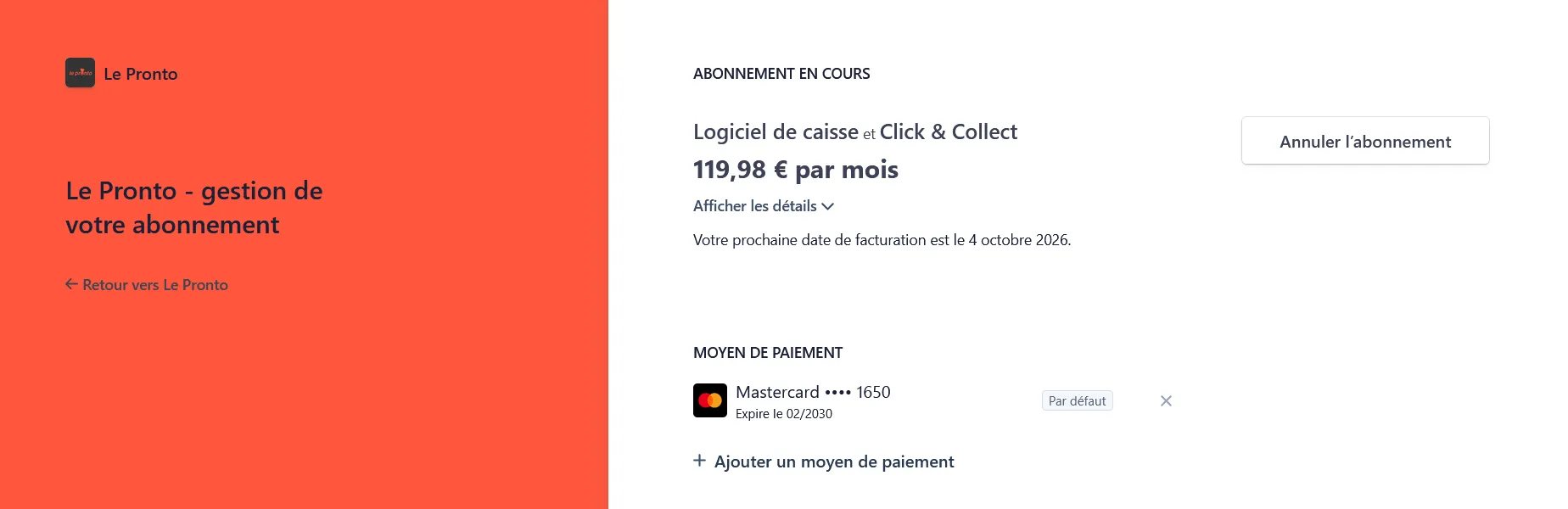 Page de gestion de l'abonnement : section Abonnement en cours avec le bouton Annuler l'abonnement, et section Moyen de paiement avec la carte enregistrée